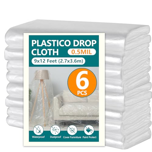 12x9ft Plastic Drop Cloths - Disposable Painter's Sheeting for Floor/Furniture/Car Protection,Paint Drop Cloth (6-Pack) - color: 6-Pack