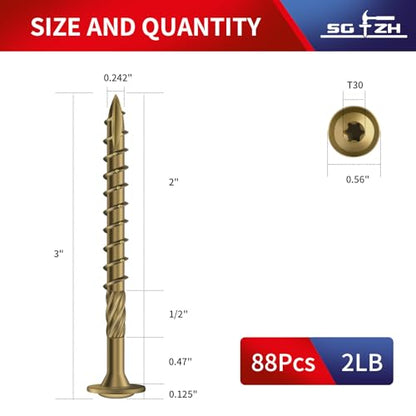 #14 x 3 Inch Lag Screws (88Pcs) 2lb. Structural Wood Screw, Bronze, Carbon Steel, Washer Head, Rust Resistant epoxy Coated, T30 Star Bit - color: Bronze, size: #14 x 3"