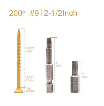 Deck Screws, Wood Screws #9 x 2-1/2 Inches, Rust Resistant Outdoor Decking Screws, Exterior Epoxy Coated Torx/Star Drive Head Screw for Fence, Roof Structure, T25 Star Bit Included, Tan - size: #9 x 2-1/2"