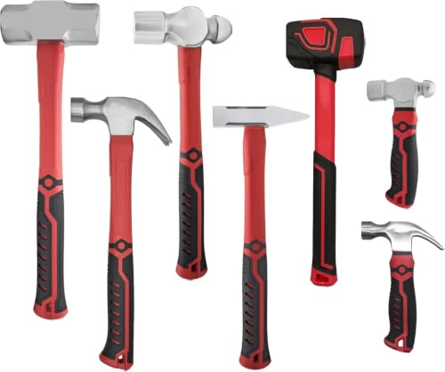 7-Piece Hammer Set with Red/Black Grips for Car, Wood & DIY