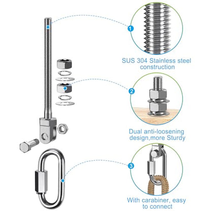 Dolibest Heavy Duty Swing Hanger, 304 Stainless Steel Swing Bolts w/Quick-Connect Carabiner, Swing Hook w/Dual-Screw Locking for Hammock, Yoga Swing, Porch Swing for Wood/Metal Beam-(M10X5'')-1500LB - color: M10X5''-6PCS