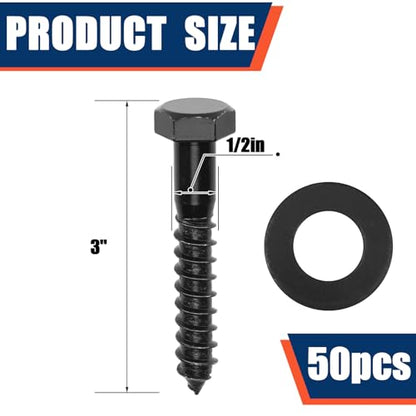 Tandefio 50 Pack 1/2''X 3'' Lag Bolts Screw with Washer Galvanized, Black - size: 1/2''x 3''