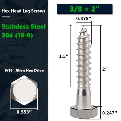 10-Sets 3/8 x 2 Hex Head Lag Screws & Flat Washers, Heavy Duty Lag Wood Screws, 304 Stainless Steel (18-8), 3/8" Bolt - size: 3/8 x 2