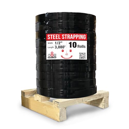 8NET Steel Strapping Band, 3,080' Length x 1/2'' Width x 0.020'' Thickness (1,170 lbs Break Strength), Cut Resistant Pallet Banding, Heavy Duty Metal Strap (10 Rolls) - color: 10 Rolls, size: 1/2" W x 3,080' L