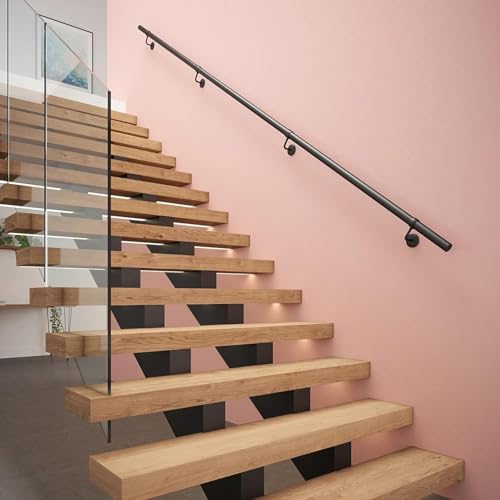 Rothley Industrial Stair Railing Indoor: 11.8Ft Metal Handrail for Indoor Stairs Matte Black Stair Rail Attach to Wall Staircase 1.6" Round Pipe Hand Railings for Elderly & Kids - size: 11.8FT