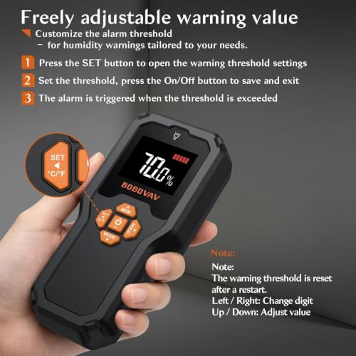 Pinless Moisture Meter with Data Memory & Custom Warning Threshold