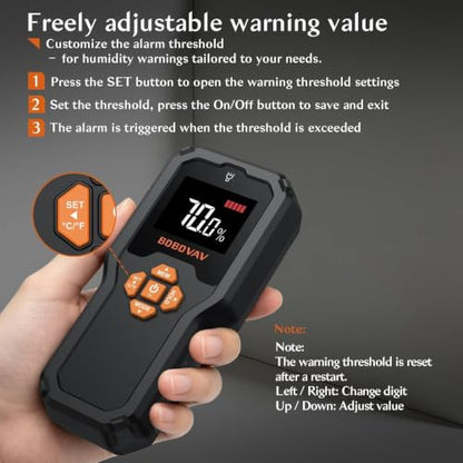 Pinless Moisture Meter with Data Memory & Custom Warning Threshold
