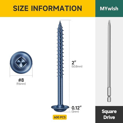 Mywish 600Pcs Pocket Hole Screws 2 Inch, Wood Screws #8 x 2 Washer Head Square Drive Self Tapping Pocket Screws, Blue Coated, with 150MM Pocket Hole Drill Bit - color: Blue-Coated, size: #8 x 2"