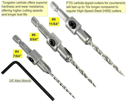 FTG USA 3 Pc #4#6#8 TCT Tapered Bit Wood Countersink Set, Standard Flute - size: #4#6#8, style: Standard Flute w/o Depth Stop