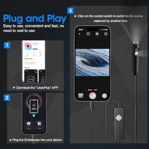Endoscope with Light, 1920P HD Borescope with 8 Adjustable LED Lights, Semi-Rigid Snake Camera, IP67 Waterproof Inspection Tool (9.8ft, Black + Dual Lens Wiring Harness) - size: 9.8ft