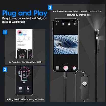 Endoscope with Light, 1920P HD Borescope with 8 Adjustable LED Lights, Semi-Rigid Snake Camera, IP67 Waterproof Inspection Tool (9.8ft, Black + Dual Lens Wiring Harness) - size: 9.8ft