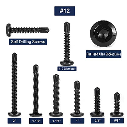 #12 x 1-1/2" Sheet Metal Screws 100Pcs 410 Stainless Steel Flat Head Socket Cap, Tek Allen Socket Drive Fast Self Tapping Black Oxide by SG TZH - size: #12 x 1-1/2"