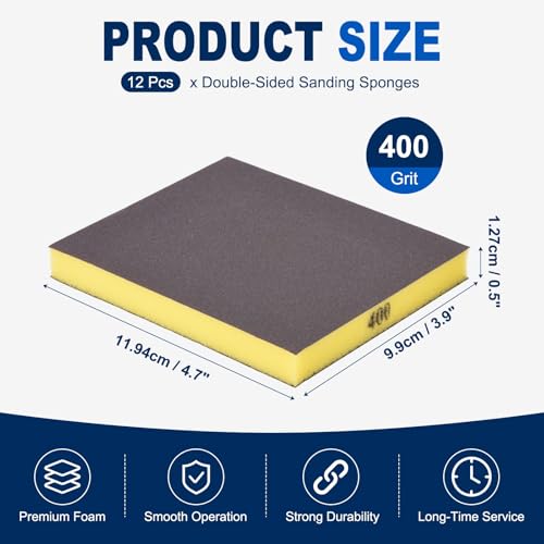 12Pcs 400Grit Double-Sided Sanding Sponges, Washable & Reusable - size: 400Grit