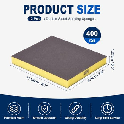 12Pcs 400Grit Double-Sided Sanding Sponges, Washable & Reusable - size: 400Grit