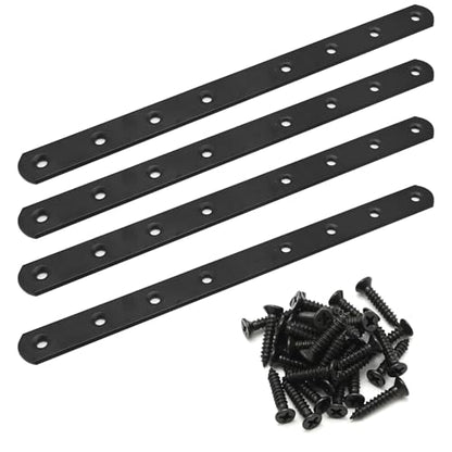 SYOWADA Black Steel Flat Mending Plates 9.6'' with Slot Heavy-Duty Straight Brace Brackets for Wood Repair Metal Connectors with Screws for Wooden Furniture Fixing 4 Pack