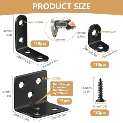 MAPVOLUT 25Pcs L Brackets for Shelves, 3 Sizes Angle Corner Braces Metal L Bracket Heavy Duty for Wood, Sturdy and Rustproof for Repairing Furniture with 82Pcs Screws Mounting Bracket Easily Black - size: 3 SIZE Black
