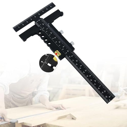 T Shaped Wood Workings Scriber for Carpenter Layout and Measuring, Precision Woodworking Ruler Scribing Tool, Black Accessories Slide Ruler Marking Measuring Gauge, with Fine Tuning