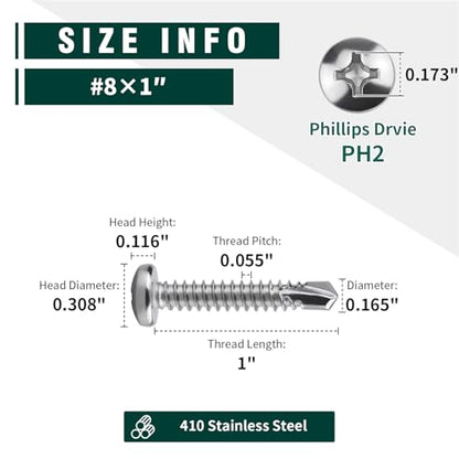 #8 x 1 Pan Head Self Drilling Screws, Phillips Drive, 410 Stainless Steel Sheet Metal Screws,Self Tapping, Dovetail, Pack of 100 - size: #8 x 1"