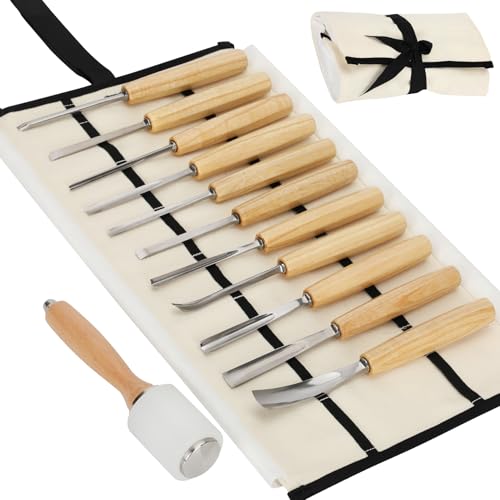 Wood Carving Kit – 12 PCS Professional Wood Carving Tools Set with Mallet & Canvas Case, Pre-Sharpened CR-V 60 Steel Gouges and Chisels for Whittling, Spoon Carving, Beginners & Professionals