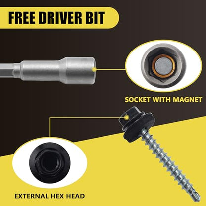 250PCS #10 x 1-1/2" Black Hex Head Self-Drilling Metal Roofing Screws - color: Black, size: 1-1/2 in
