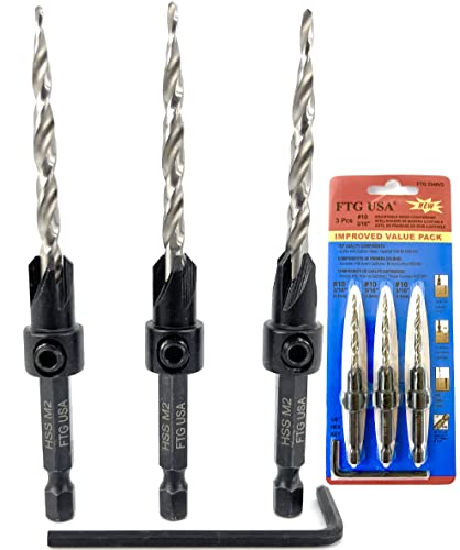 FTG USA #10 (3/16") Wood Countersink Drill Bit 3-Pc Set with Hex Key - size: #10, style: 3 Pc w/o Depth Stop