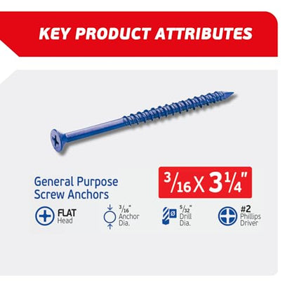 3/16 x 3-1/4" Countersunk Phillips Flat Head Blue Concrete Screw Anchors (100 pcs Screw Kit) with one Screwdriver and Drill Bit for Concrete, Masonry, Block, Brick and Wood Fastening - size: 3/16 x 3-1/4 in