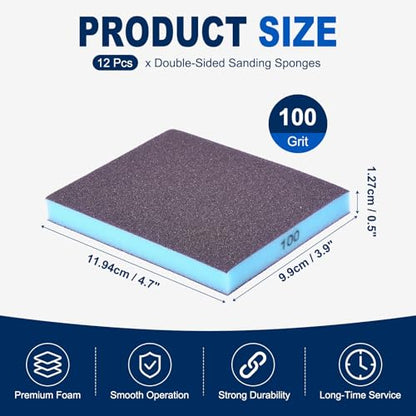 12Pcs 100Grit Double-Sided Sanding Sponges, Washable & Reusable - size: 100Grit