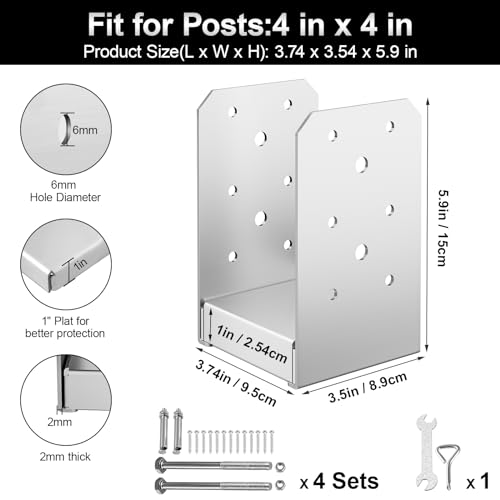 4"x4" Post Base, 4Pcs Stainless Steel Adjustable Post Anchor Bracket - size: 4x4