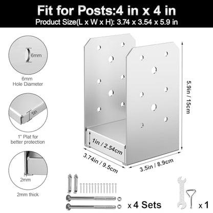4"x4" Post Base, 4Pcs Stainless Steel Adjustable Post Anchor Bracket - size: 4x4