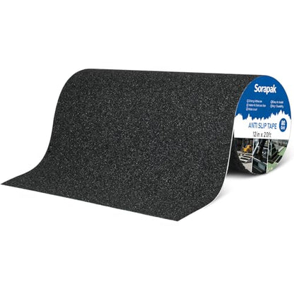 Black Anti Slip Tape 12in x 20ft, 80 Grit Waterproof Non Skid Grip Tape Roll for Ramps, Decks, Boat Decks, Warehouse Floors, Garages, Indoor & Outdoor Use - size: 12'' x 20 FT