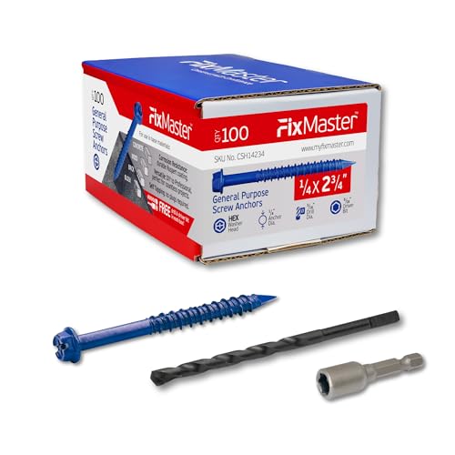 1/4 x 2-3/4" Hex Head Blue Concrete Screw Anchors (100 pcs Screw Kit) with one Screwdriver and Drill Bit for Concrete, Masonry, Block, Brick and Wood Fastening - size: 1/4 x 2-3/4"