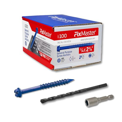 1/4 x 2-3/4" Hex Head Blue Concrete Screw Anchors (100 pcs Screw Kit) with one Screwdriver and Drill Bit for Concrete, Masonry, Block, Brick and Wood Fastening - size: 1/4 x 2-3/4"