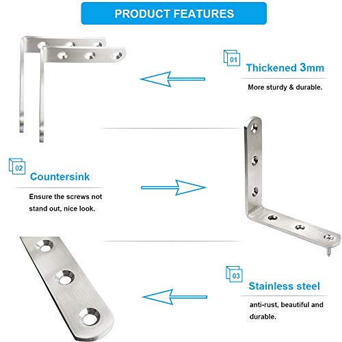 8 PCS L Bracket Stainless Steel Corner Brackets 3 x 3 inch Right Angle Bracket for Wood Furniture, Heavy Duty Metal Joint Corner Brace, with Screw
