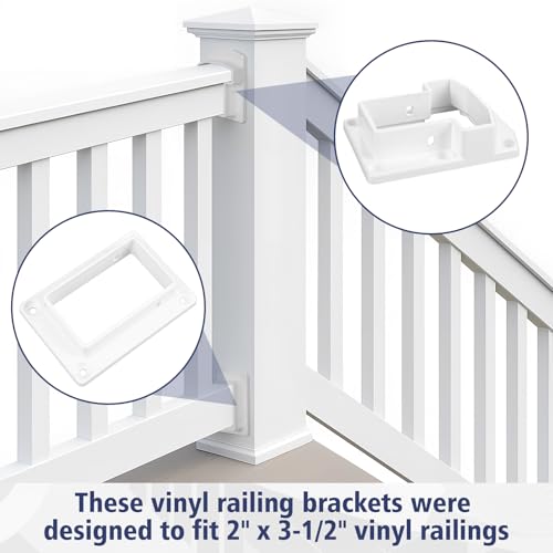 Beeveer 8 Sets Vinyl Fence Railing Bracket Kit with Screws Straight Porch and Deck Railing Bracket Fits for 2″ x 3.5″ White Top and Bottom for Yorkshire and Bolton