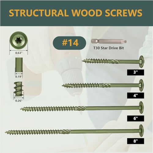 T.K.Excellent 55-Pack #14 x 3 Inch Zinc Plated Structural Lag Screws – Heavy Duty Exterior Wood Screws with Washer Head, Torx T30 Drive, Rust Resistant for Deck, Fence, Timber Framing - size: #14 x 3