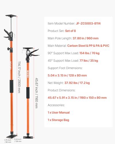 VEVOR Cabinet Jack Support Pole, 8-Pack, 45.7-114.2 Inch 3rd Hand System - style: 8 PCS