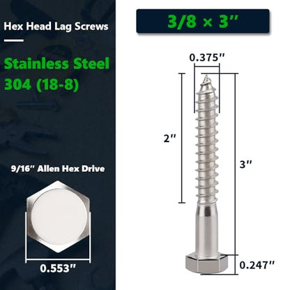 10-Sets 3/8 x 3 Hex Head Lag Screws & Flat Washers, Heavy Duty Lag Wood Screws, 304 Stainless Steel (18-8), 3/8" Bolt - size: 3/8 x 3