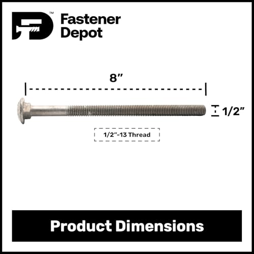 1/2" x 8" (25 Pack) Galvanized Carriage Bolt Kit Grade 307A Includes 1/2" USS Flat Washers (25 pcs) and 1/2"-13 Hex Nuts (25 pcs), Hot Dip Galvanized for Exterior Use by - Fastener Depot