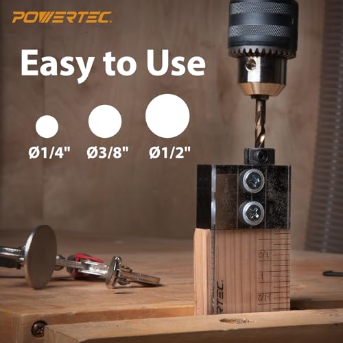 POWERTEC Complete Doweling Jig Kit w/ 1/2",3/8",1/4" Cobalt M-35 Drill Bits, Wood Dowel Jig Accessories with Depth Scale, Laser Cut Alignment Marker & Split Ring Stop Collar for Easy Alignment(71714V)
