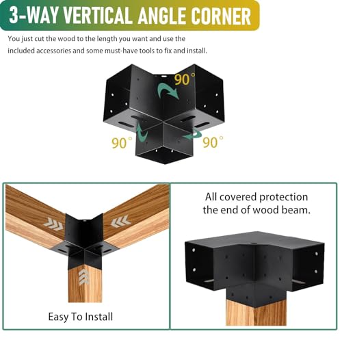 4"x4" Pergola Bracket Kit 4pcs,3-Way 90°Right Angle Corner Brackets - size: 4PC 3-Way Pergola Brackets