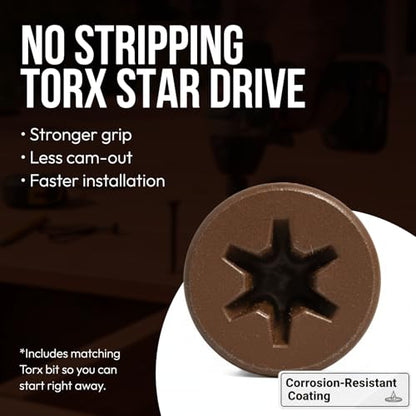 #8 × 2″ Brown Ruspert®-Coated Deck Screws – Bugle Head, Torx Drive with Bit, Self-Drilling – 400 pcs Jar – for ACQ Treated Wood, Deck Framing, Trim & Exterior Projects - size: #8 x 2" (400pcs Jar)