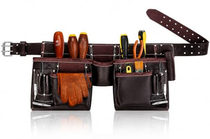 Leather Tool Belt Pouch Bag, Comfort Back Support Tool Pouches with Suspenders for Construction,Framers,Carpenter,Handyman (Black, Extra Large)30" waist size up to 56" (12 POCKET BROWN) - size: 12 Pocket Brown