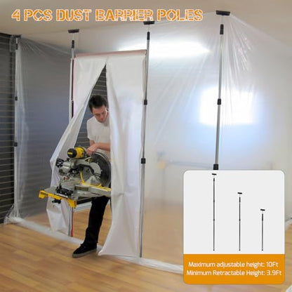 4 Pack Stainless Steel Zipper Walls Poles Kit, 10FT Retractable Efficient Construction Temporary Dust Containment Barrier System - size: 10 Feet