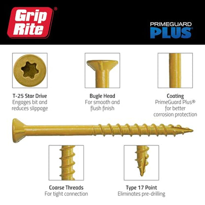 Grip-Rite PrimeGuard Plus Premium Deck Screws for Outdoor Projects - Bugle Head - T-25 Star Drive - Coarse Thread Wood Screws - 10 x 4-1 Lb Box - Tan - L4STT1 - color: Tan