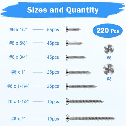 220 Pcs Wood Screws Assortment Kit, 304 Stainless Steel Screws, Phillips Drive Flat Head, Wood Screws, Screws Assortment Kit, Screw Set, 7 Sizes (2", 1-1/2", 1-1/4", 1", 3/4", 5/8", 1/2") - size: #6 #8 220PCS