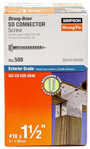 Simpson Strong-Tie SD10112R500 - #10 x 1-1/2 Inch Strong Drive SD Connector Screws - 1/4 Inch Hex Head, Galvanized Coating, Hex Bit Included, for Construction, Home Improvement (Box of 500)