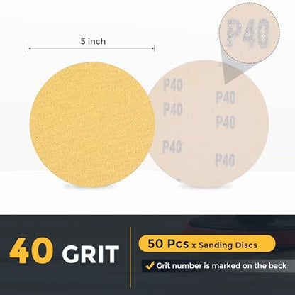 HARFINGTON 100 Pcs 5 Inch Sanding Discs 40 Grit Yellow Aluminum Oxide - size: 5 Inch(40 Grit)