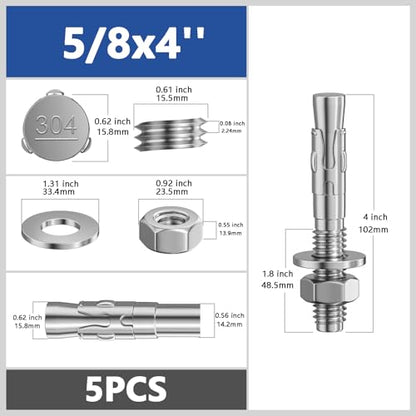 Wensilon 5Pcs 5/8x4 Inch Standard Fasteners for Heavy-Duty 304 Stainless Steel Wedge Anchors for Cement and Concrete - size: 5/8x4"