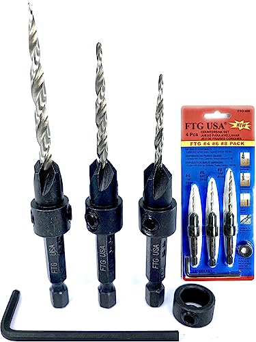 FTG USA 3 Pc Wood Countersink Drill Bit Set #4#6#8 with 3/8" Depth Stop - size: #4#6#8, style: with Depth Stop
