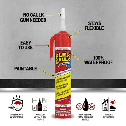 Flex Caulk, Waterproof & Weatherproof Hybrid Polymer Sealant, Strong, Paintable, Indoor, Outdoor, Bath, Shower, Sink, Window, Baseboards, Door, RV, Roof, Wood, Auto & Marine, White, 9 oz, Case of 4